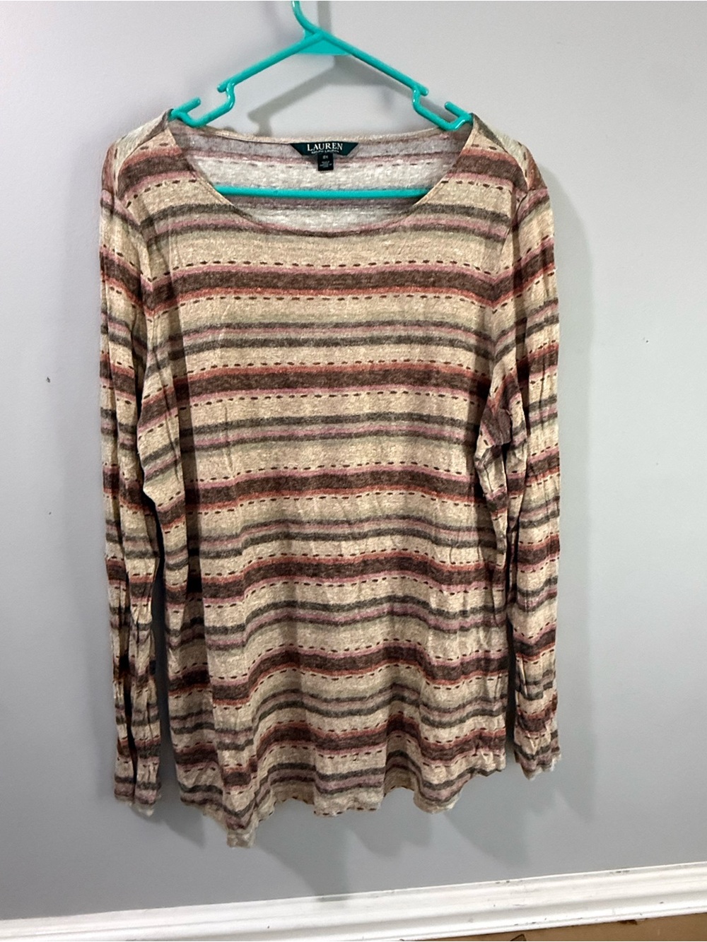 LRL Ralph Lauren 100% Linen Aztec Pullover Women's 2X Tan Brown Stripe Shirt